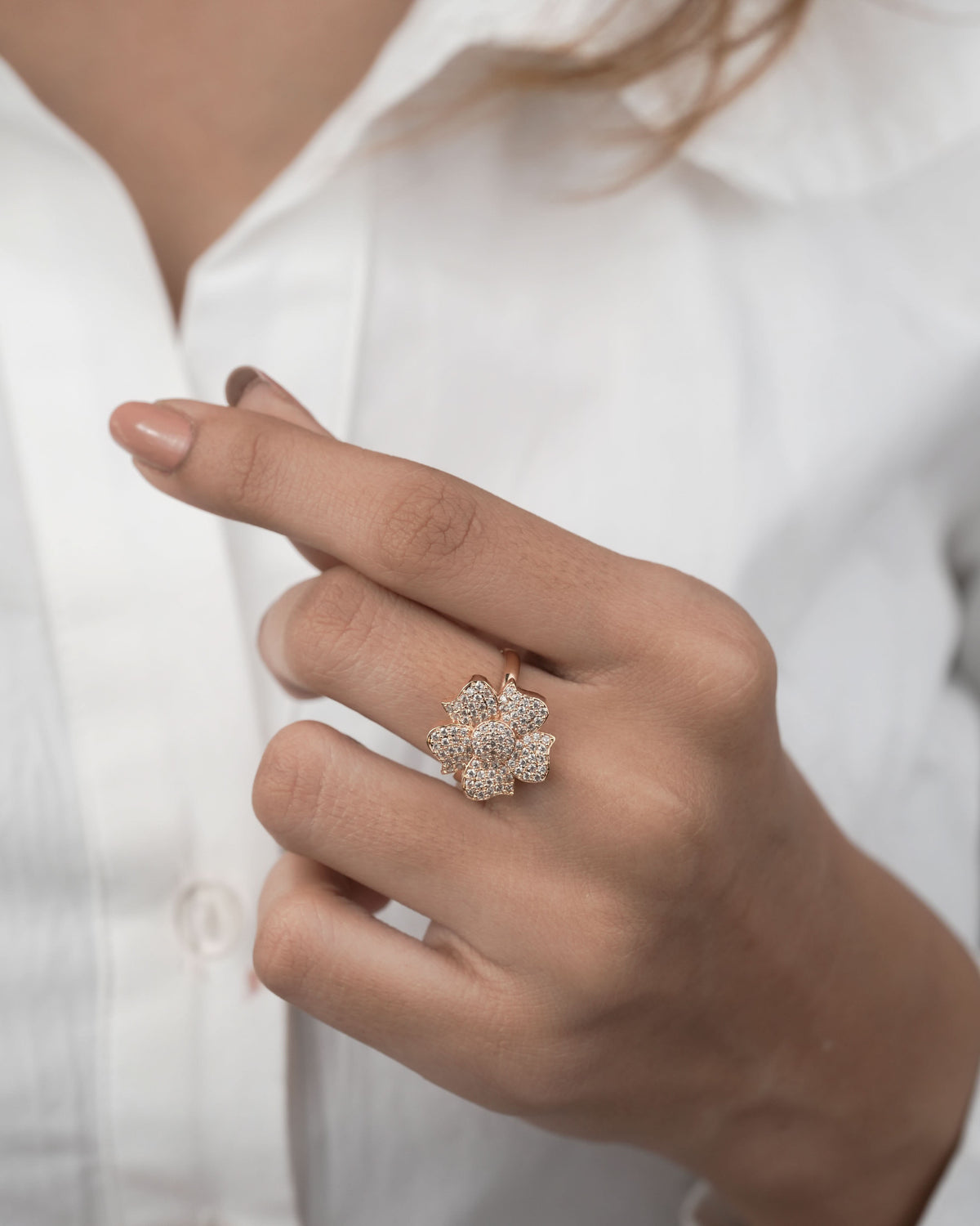 American Diamond Rose Gold Flower Adjustable Free Size Ring - finger ring - Belleza Jewels