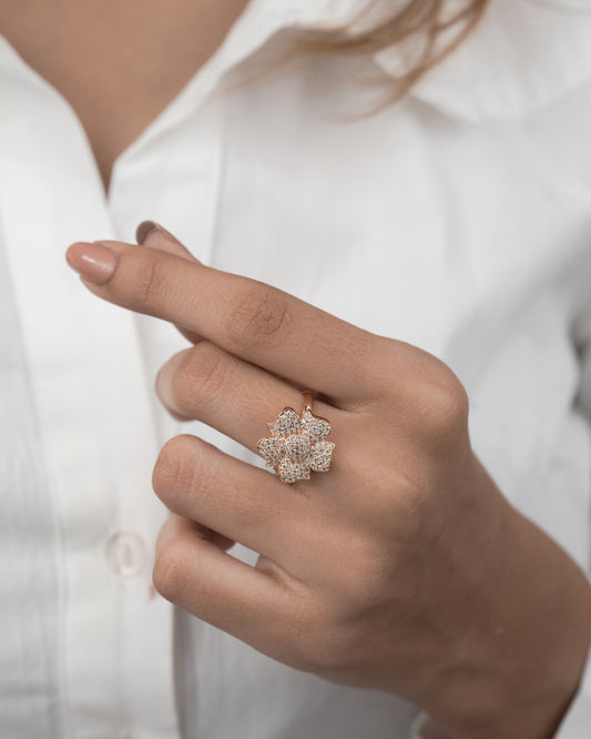 American Diamond Rose Gold Flower Adjustable Free Size Ring - finger ring - Belleza Jewels