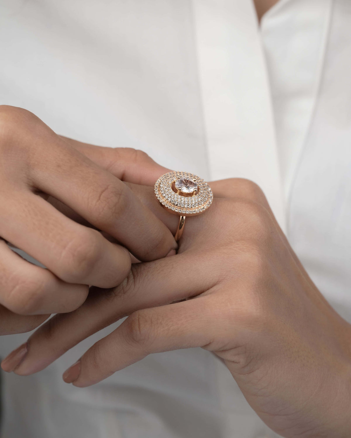 American Diamond Rose Gold Ovel Shape Adjustable Free Size Ring - finger ring - Belleza Jewels
