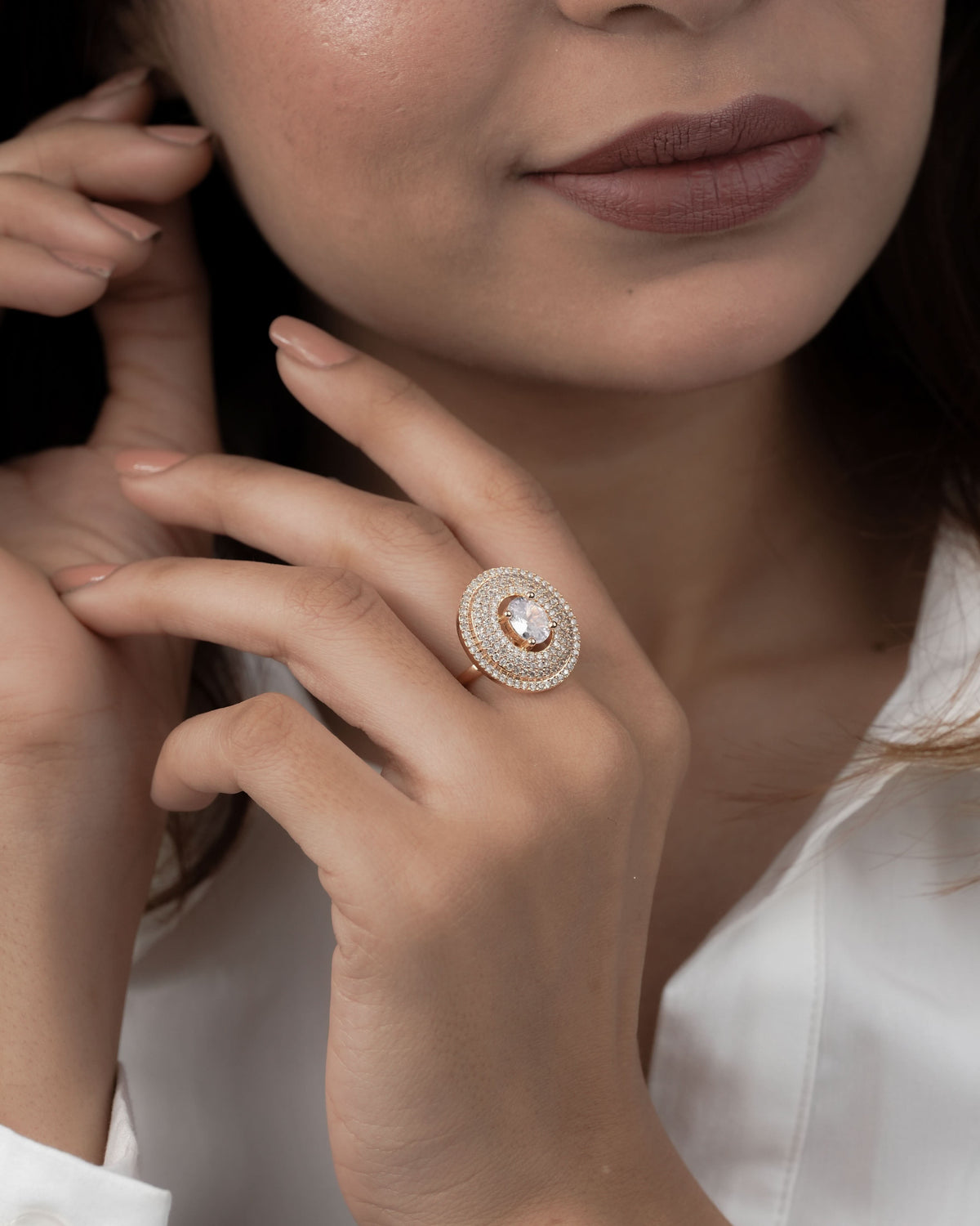 American Diamond Rose Gold Ovel Shape Adjustable Free Size Ring - finger ring - Belleza Jewels