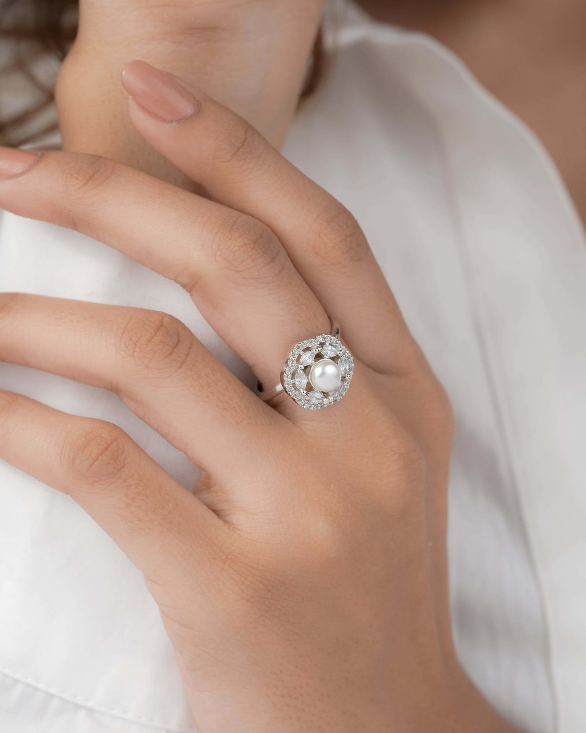 American Diamond Silver White Pearl Pleted Delicate Adjustable Free Size Ring - finger ring - Belleza Jewels