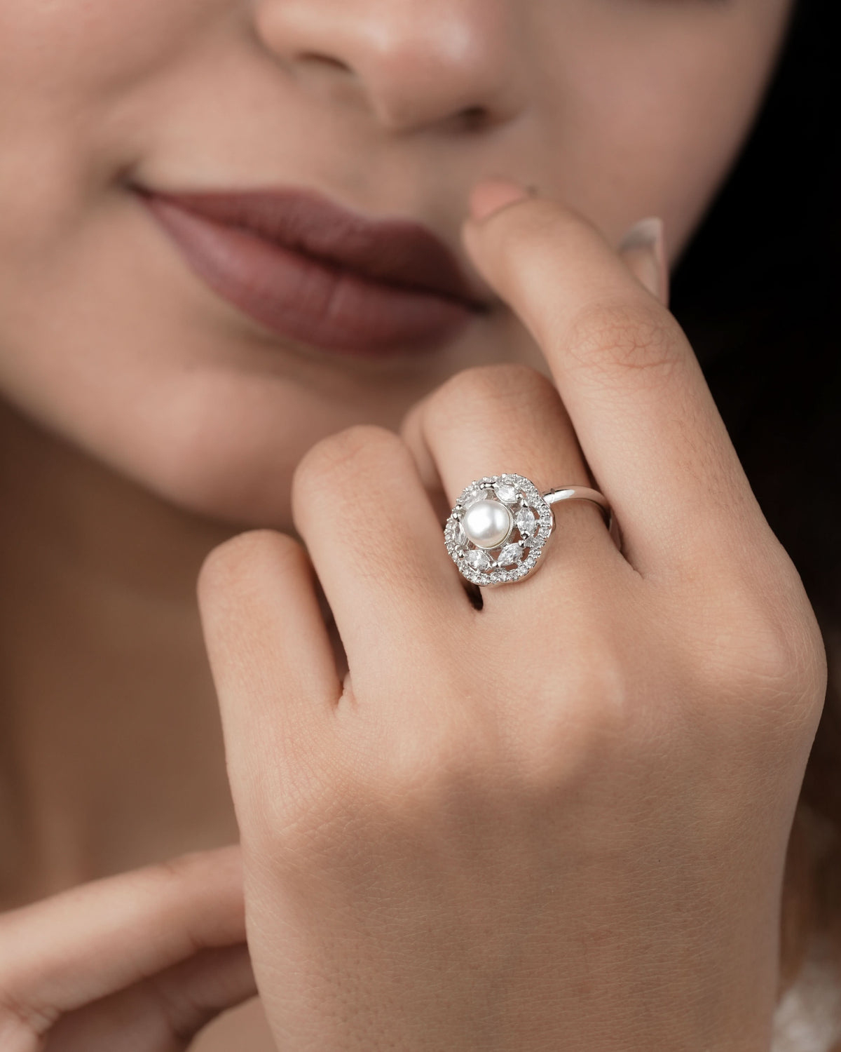 American Diamond Silver White Pearl Pleted Delicate Adjustable Free Size Ring - finger ring - Belleza Jewels