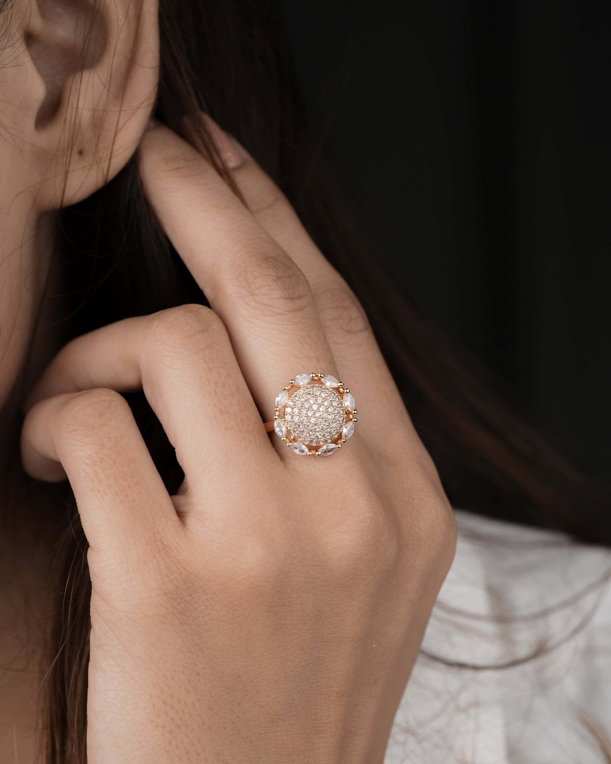 American Diamond Rose Gold Pleted Delicate Adjustable Free Size Ring - finger ring - Belleza Jewels