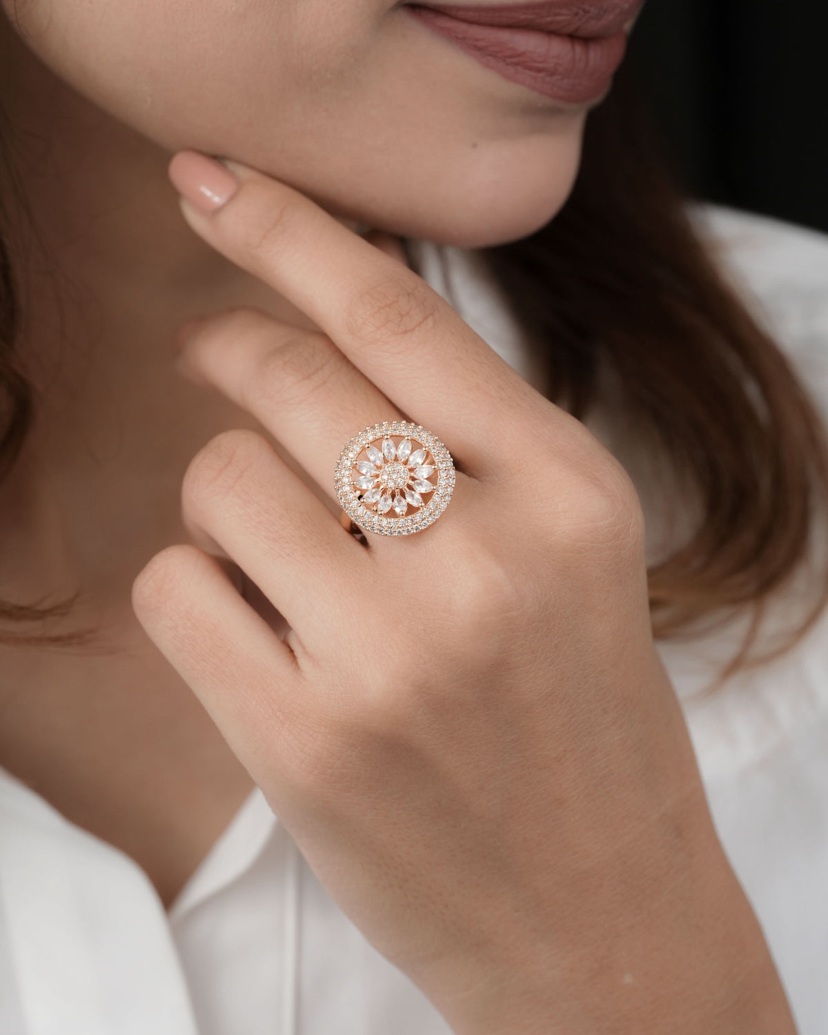 American Diamond Rose Gold Round Shape Adjustable Free Size Ring - finger ring - Belleza Jewels
