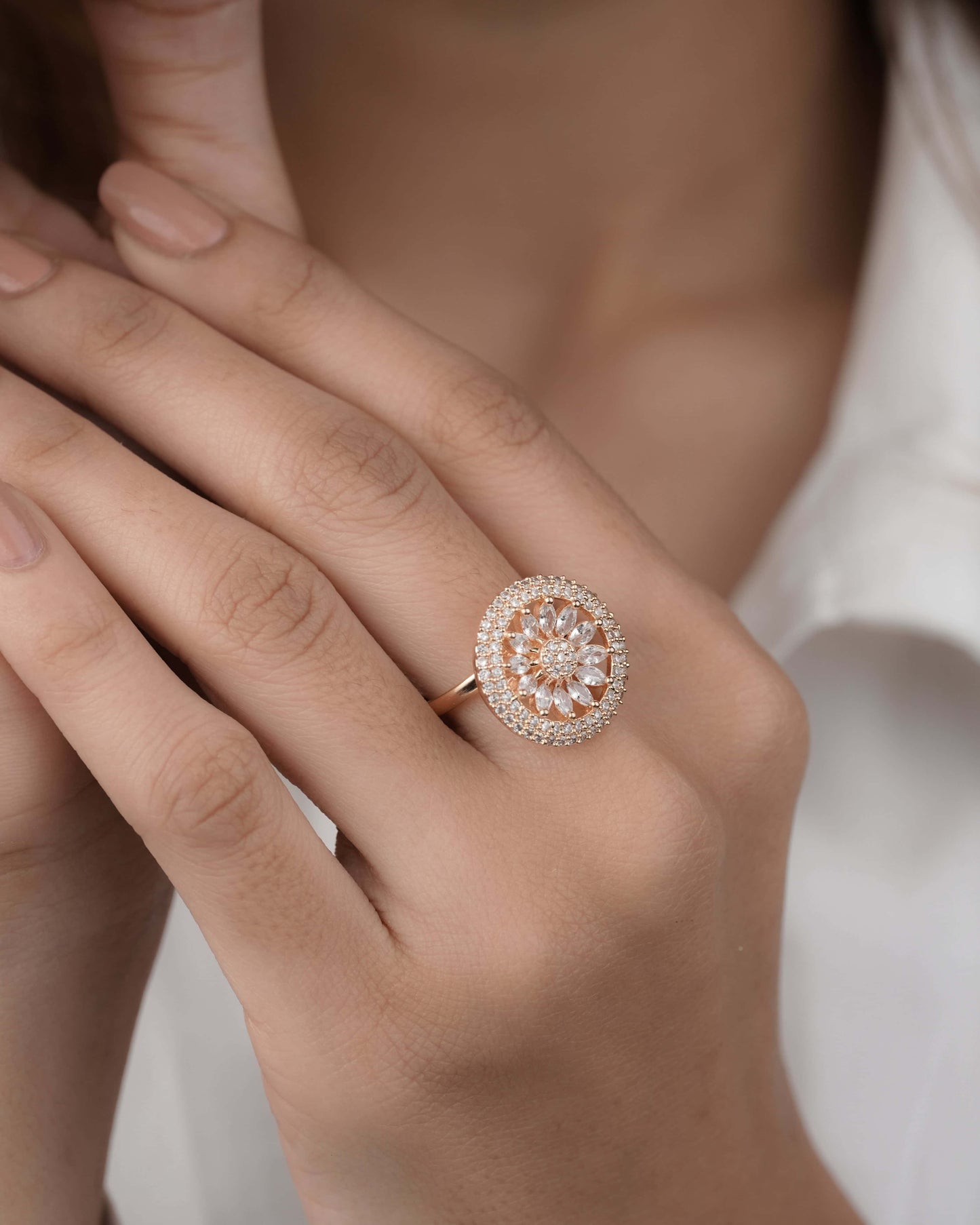 American Diamond Rose Gold Round Shape Adjustable Free Size Ring - finger ring - Belleza Jewels