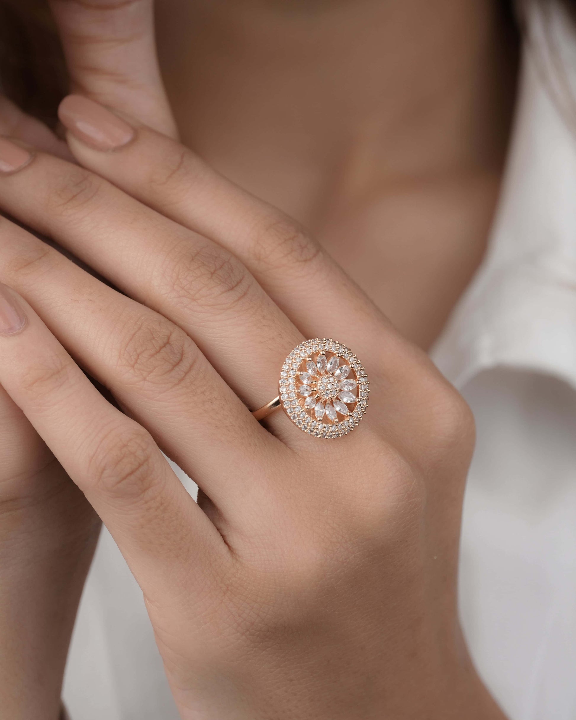 American Diamond Rose Gold Round Shape Adjustable Free Size Ring - finger ring - Belleza Jewels