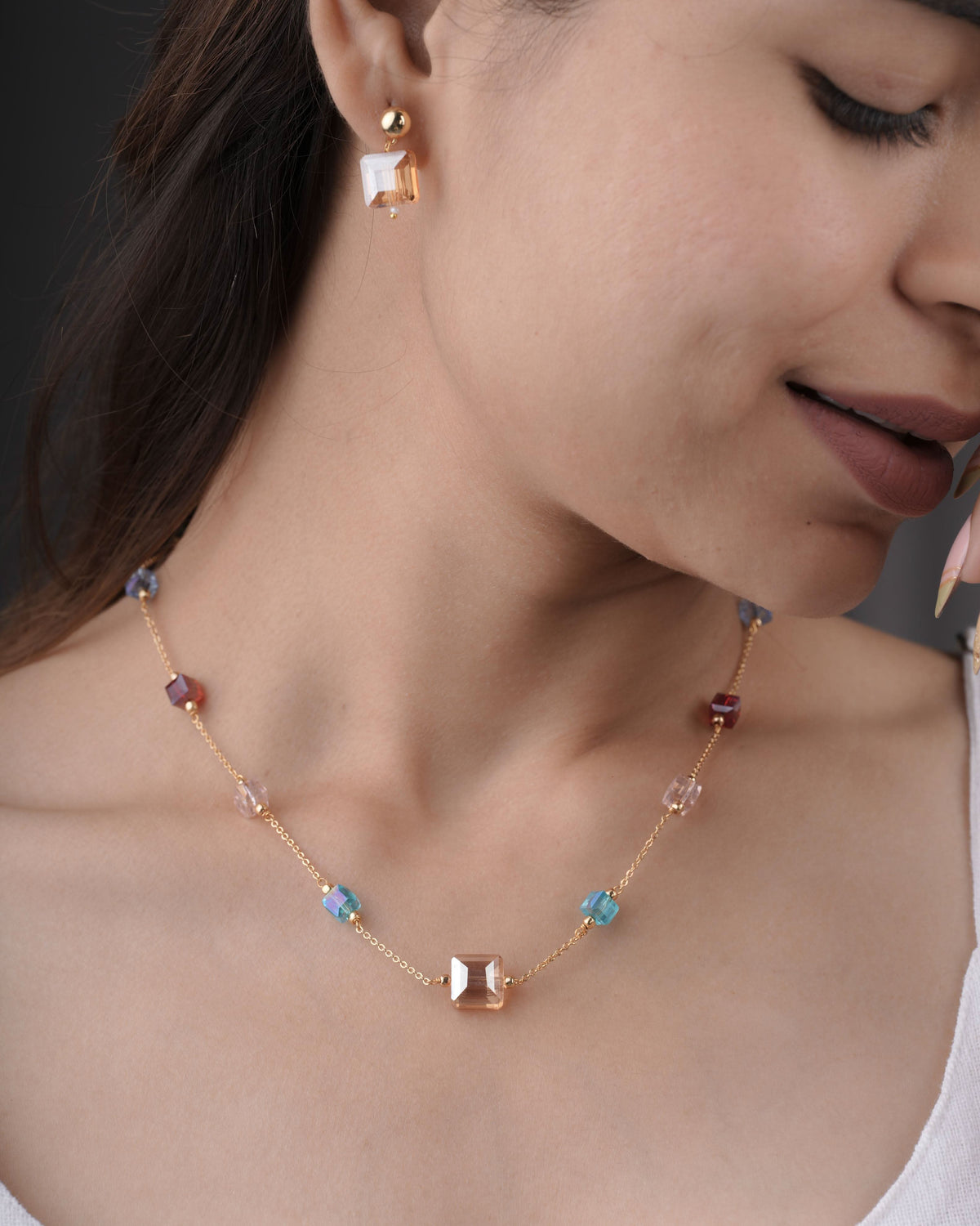 Aurora Cube Crystal Necklace & Earrings Set - Pastel Glow Edition - Western Mala Set - Belleza Jewels