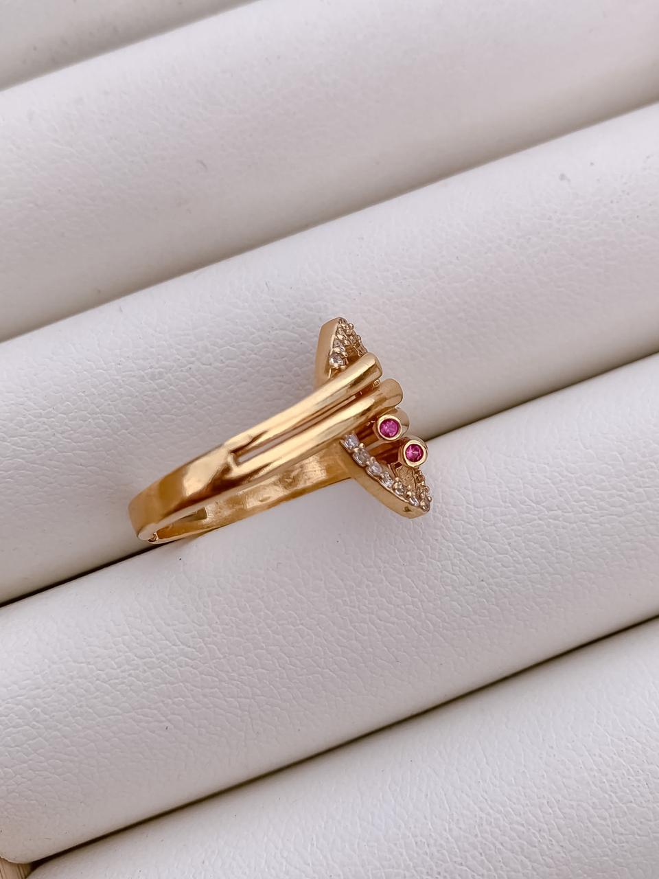 Elegant Dual Band Crystal Heart Gold-Plated Adjustable Ring