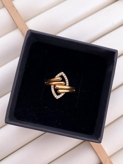 Elegant Dual Band Crystal Heart Gold-Plated Adjustable Ring