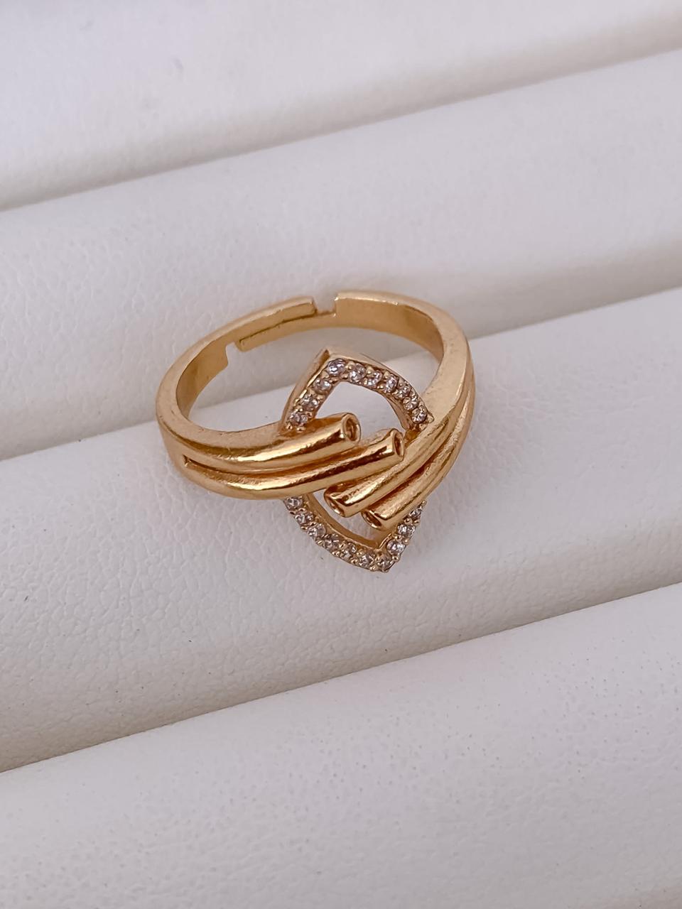 Elegant Dual Band Crystal Heart Gold-Plated Adjustable Ring