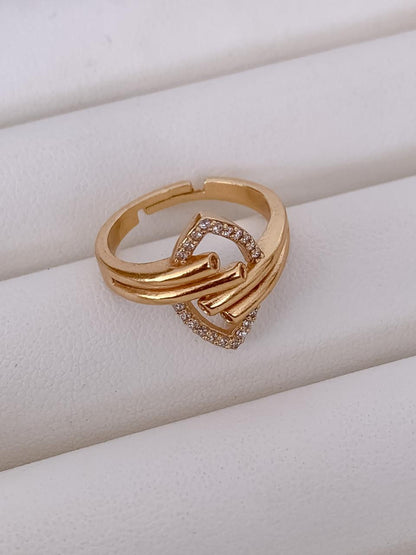 Elegant Dual Band Crystal Heart Gold-Plated Adjustable Ring