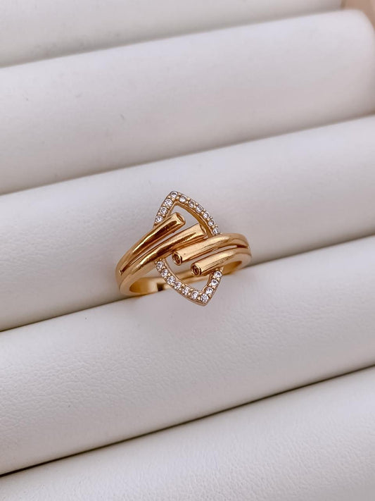Elegant Dual Band Crystal Heart Gold-Plated Adjustable Ring