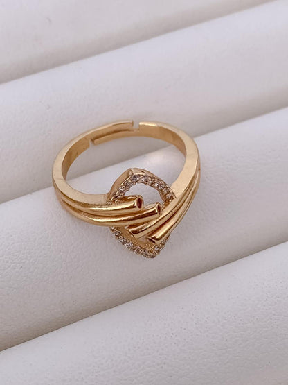 Elegant Dual Band Crystal Heart Gold-Plated Adjustable Ring