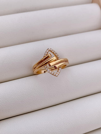 Elegant Dual Band Crystal Heart Gold-Plated Adjustable Ring