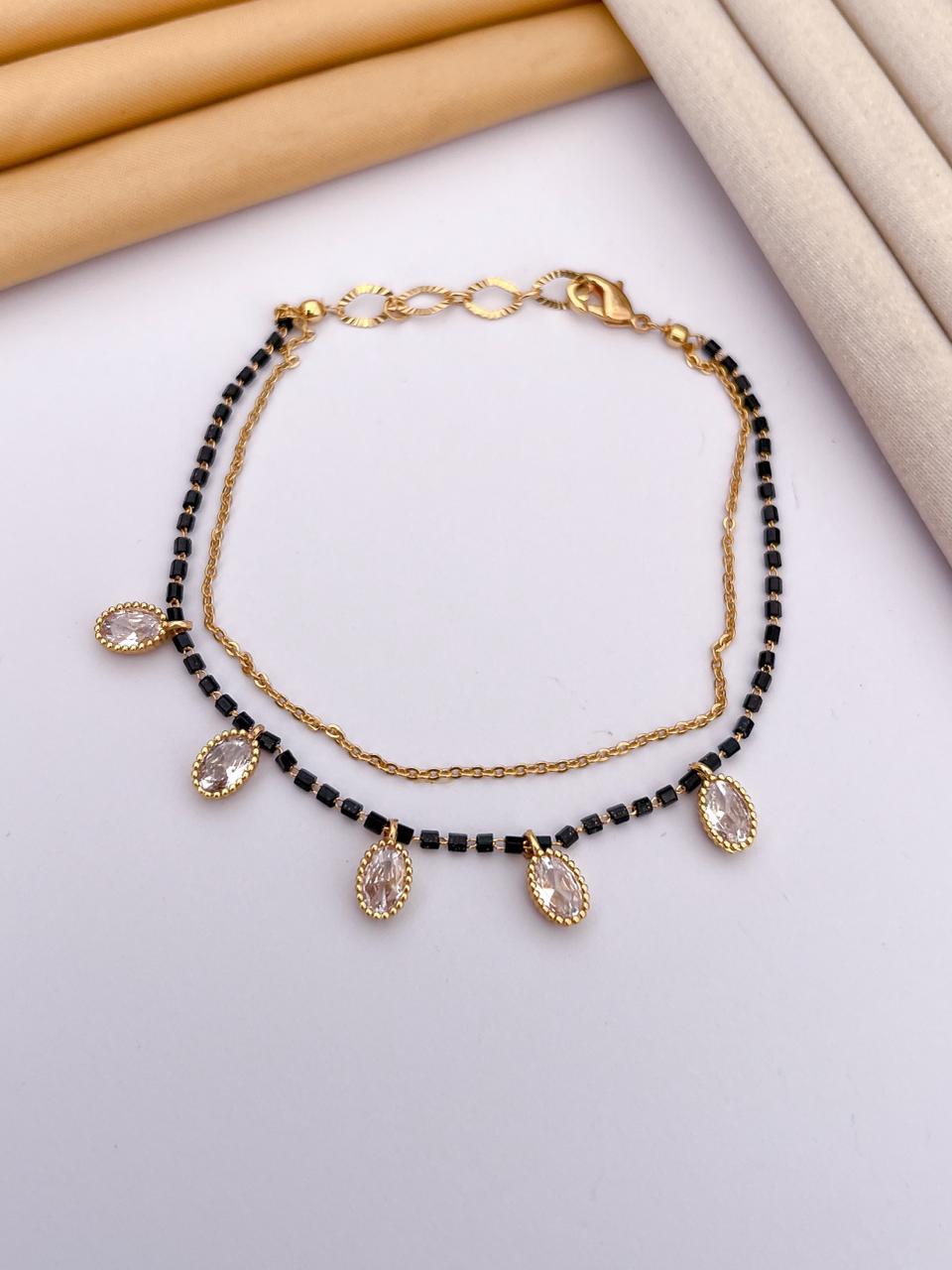 Elegant Black Beads & Teardrop Crystal Mangalsutra Bracelet
