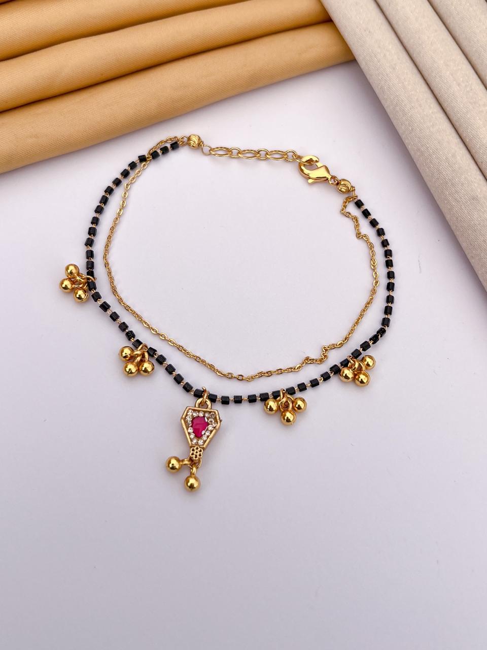 Ruby Stone with Golden Bead Charms Mangalsutra Bracelet