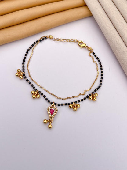 Ruby Stone with Golden Bead Charms Mangalsutra Bracelet