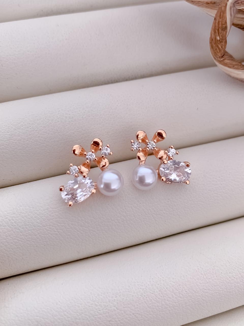Rose Gold Floral Pearl & Zircon Stud Earrings | Anti-Tarnish Everyday Elegance