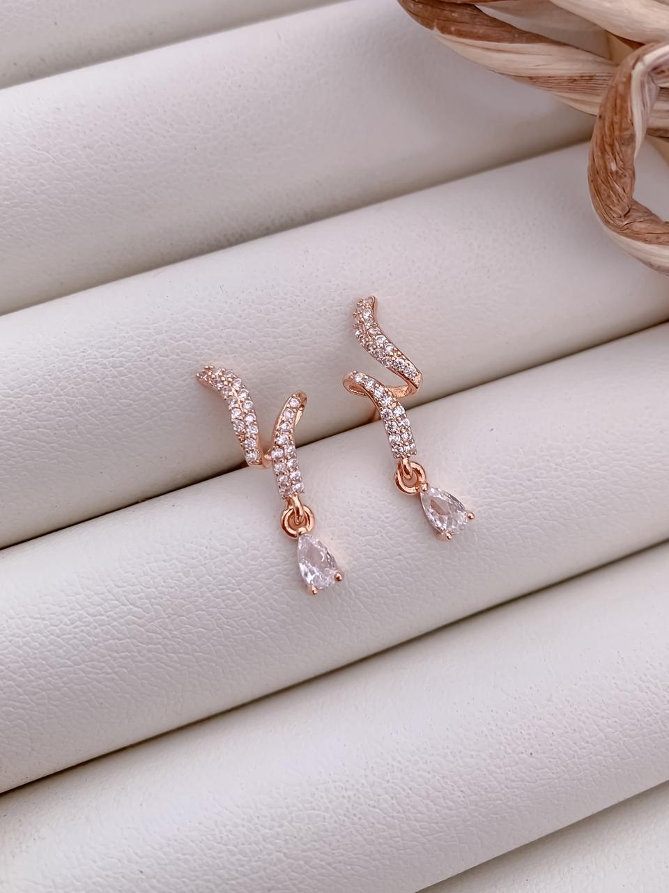 Rose Gold CZ Wave Drop Earrings