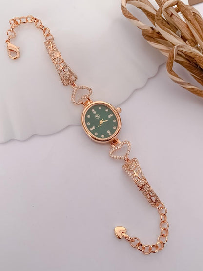 Rose Gold Bracelet Watch for Women | Green Dial with Crystal Accents