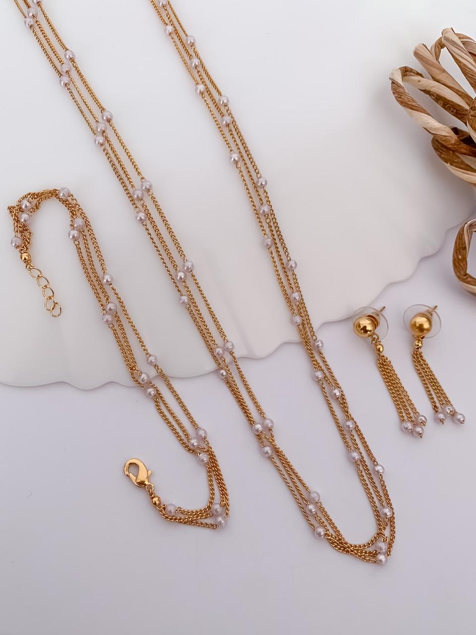 Layered Pearl Chain Jewellery Set with Tassel Earrings