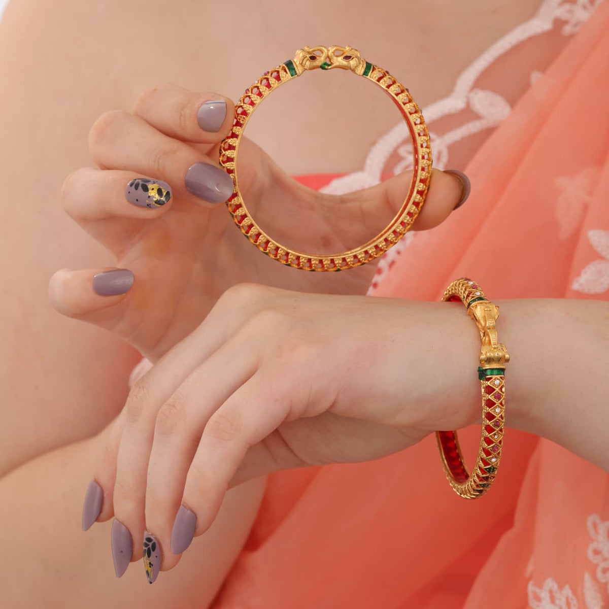 Buy 1 Get 1 Free-  Fancy High Gold Ruby Green Elephant Delicate Bangles (Set of 2) - Bangles - Belleza Jewels