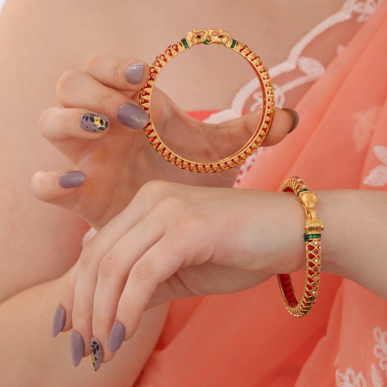 Buy 1 Get 1 Free-  Fancy High Gold Ruby Green Elephant Delicate Bangles (Set of 2)