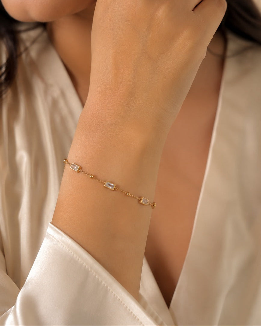 Gold Rectangular Crystal Chain Bracelet for Women