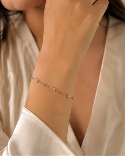 Gold Rectangular Crystal Chain Bracelet for Women