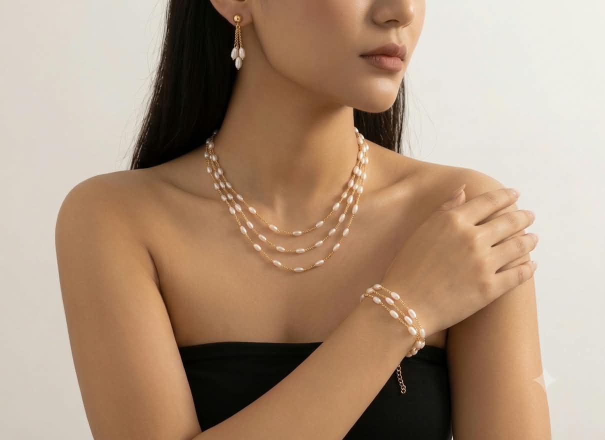 Gold-Tone Multi-Layer Pearl Necklace, Bracelet & Earrings Jewelry Set