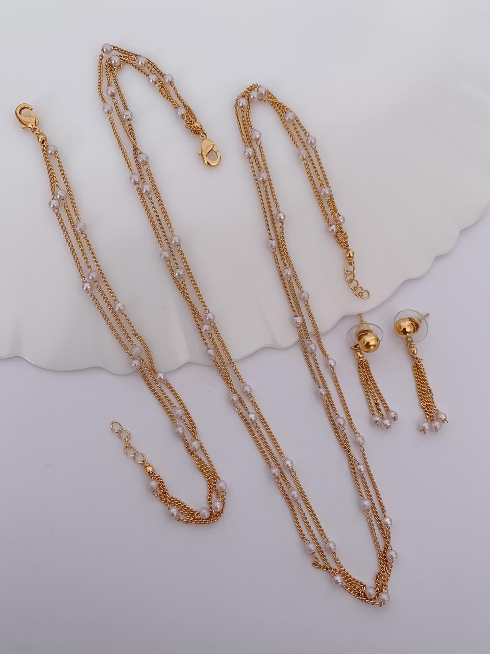 Layered Pearl Chain Jewellery Set with Tassel Earrings