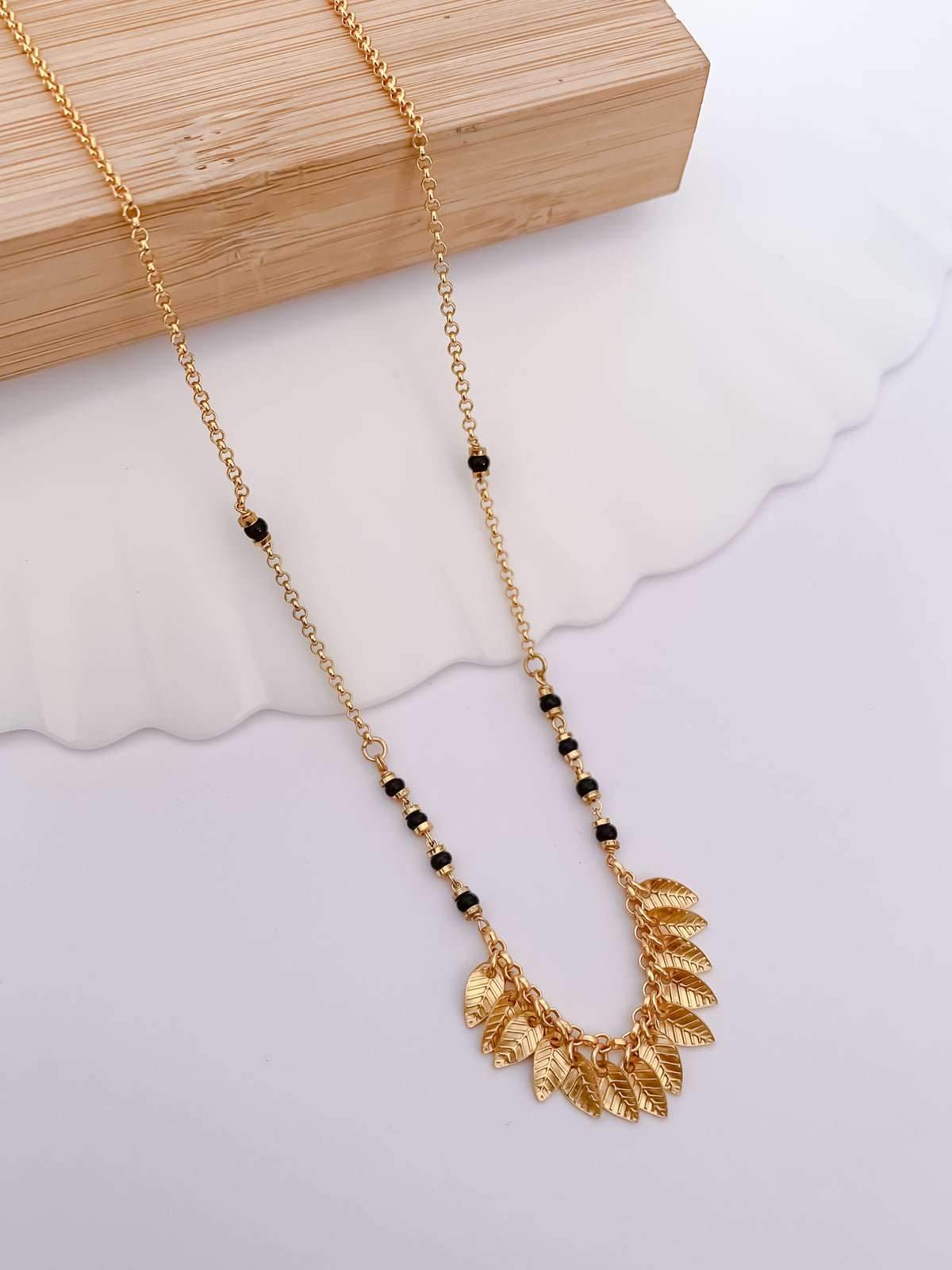 Leaf Charm Black Bead Mangalsutra with Gold-Tone Pendant