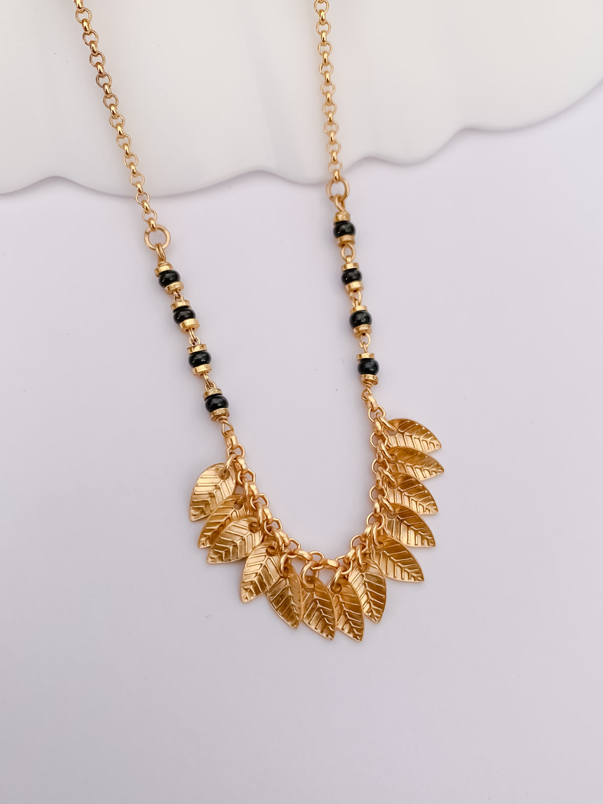 Leaf Charm Black Bead Mangalsutra with Gold-Tone Pendant