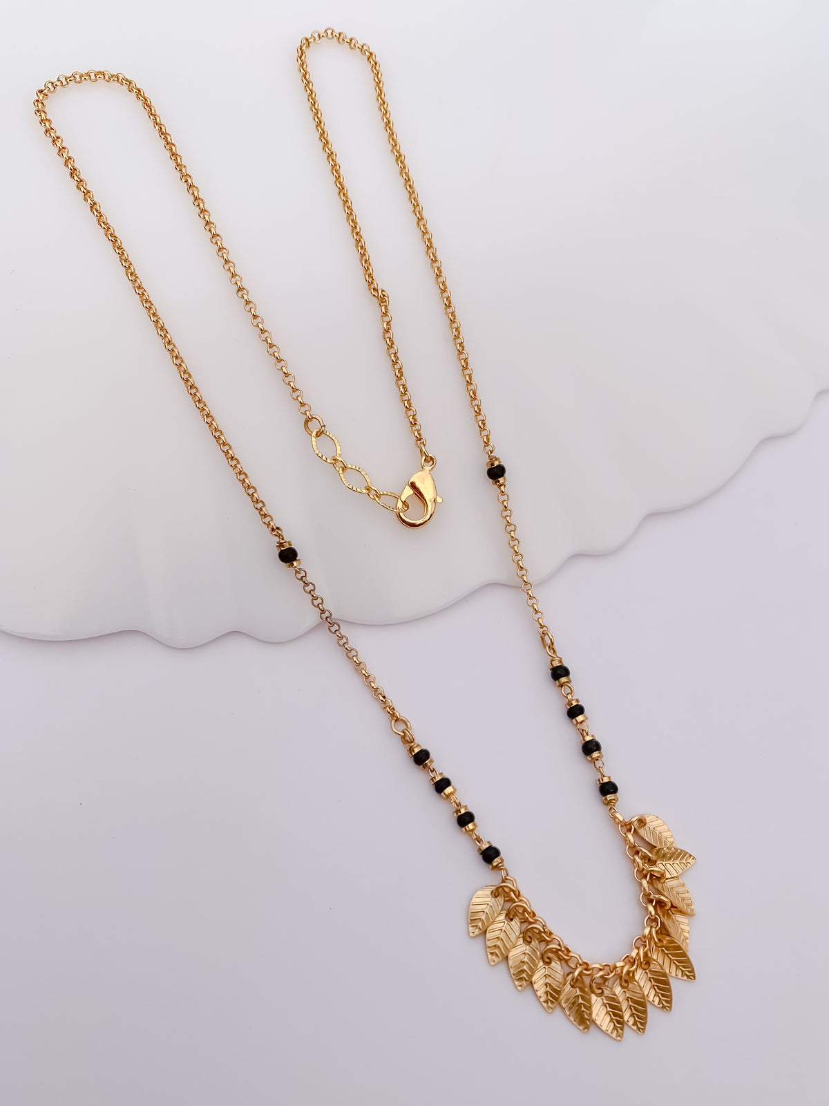 Leaf Charm Black Bead Mangalsutra with Gold-Tone Pendant