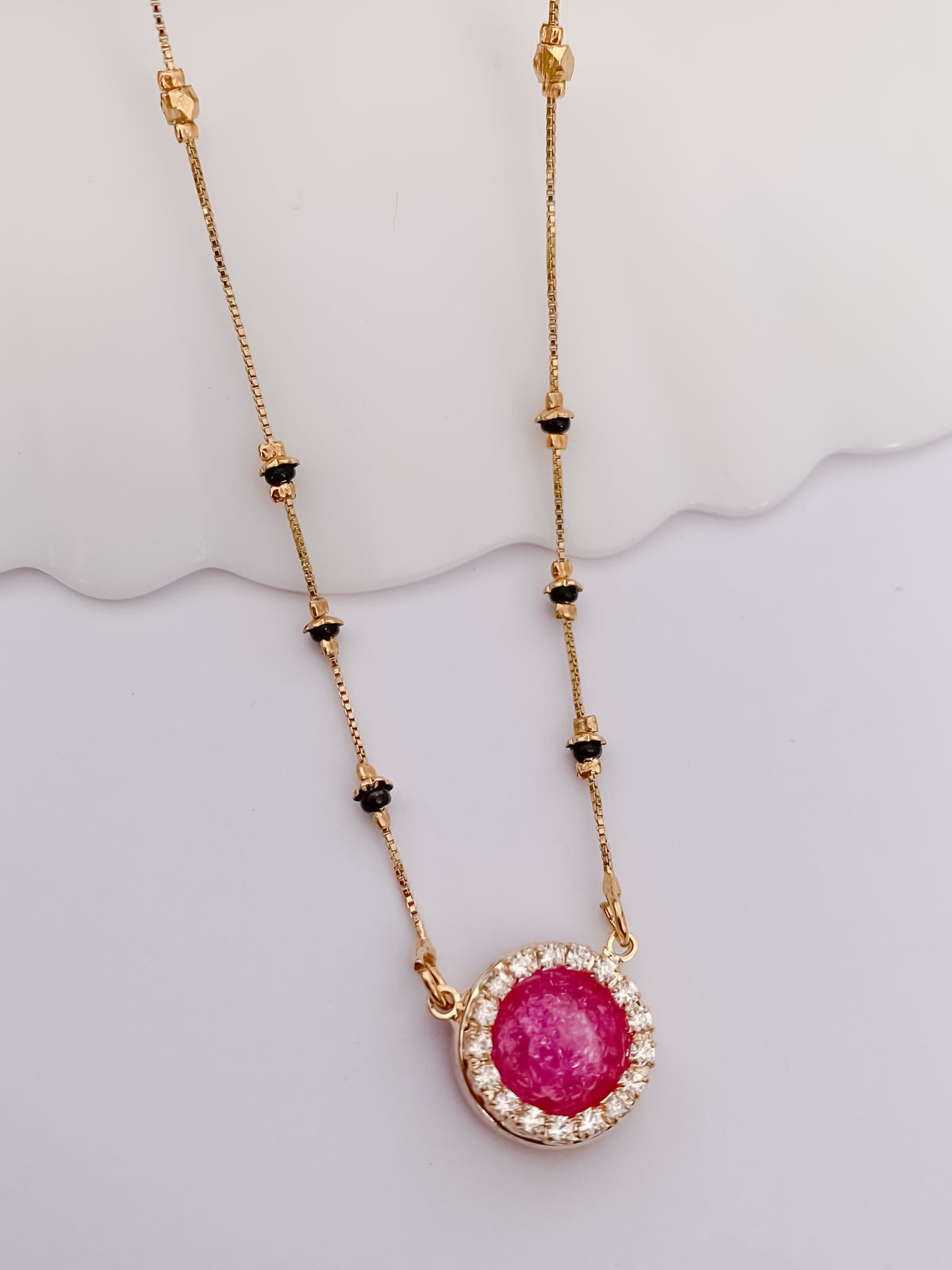Ruby Halo Black Bead Mangalsutra with Round Statement Pendant