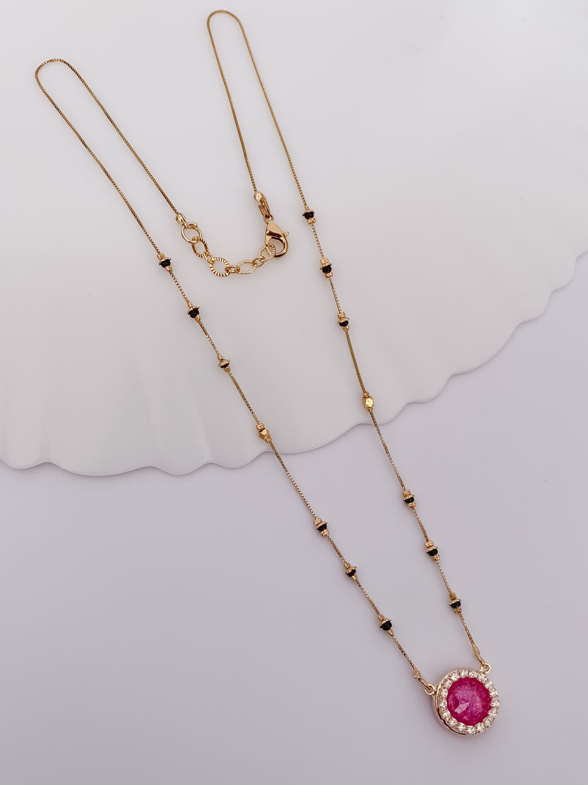Ruby Halo Black Bead Mangalsutra with Round Statement Pendant