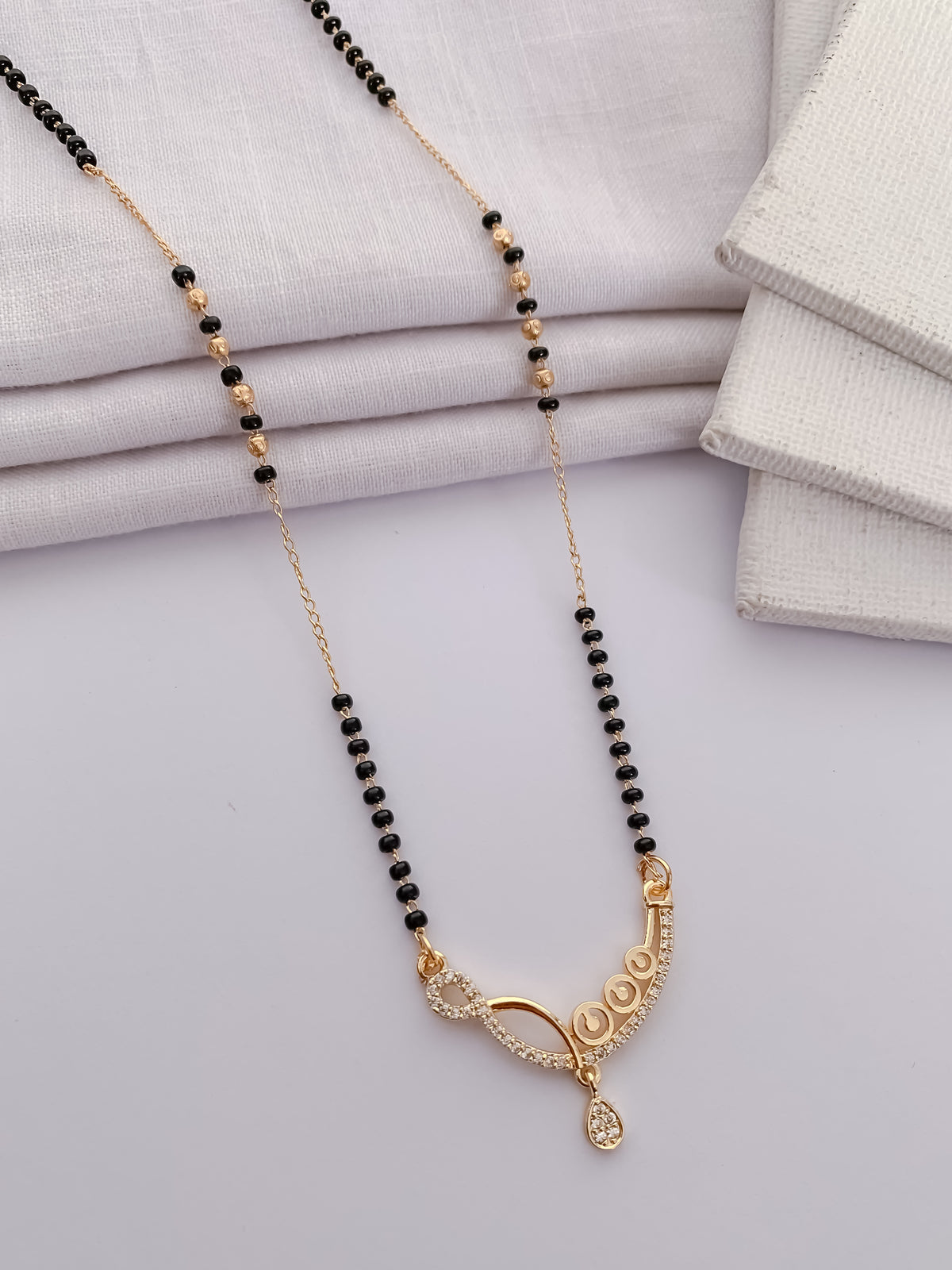 Infinity Curve Black Bead Mangalsutra with Teardrop Charm