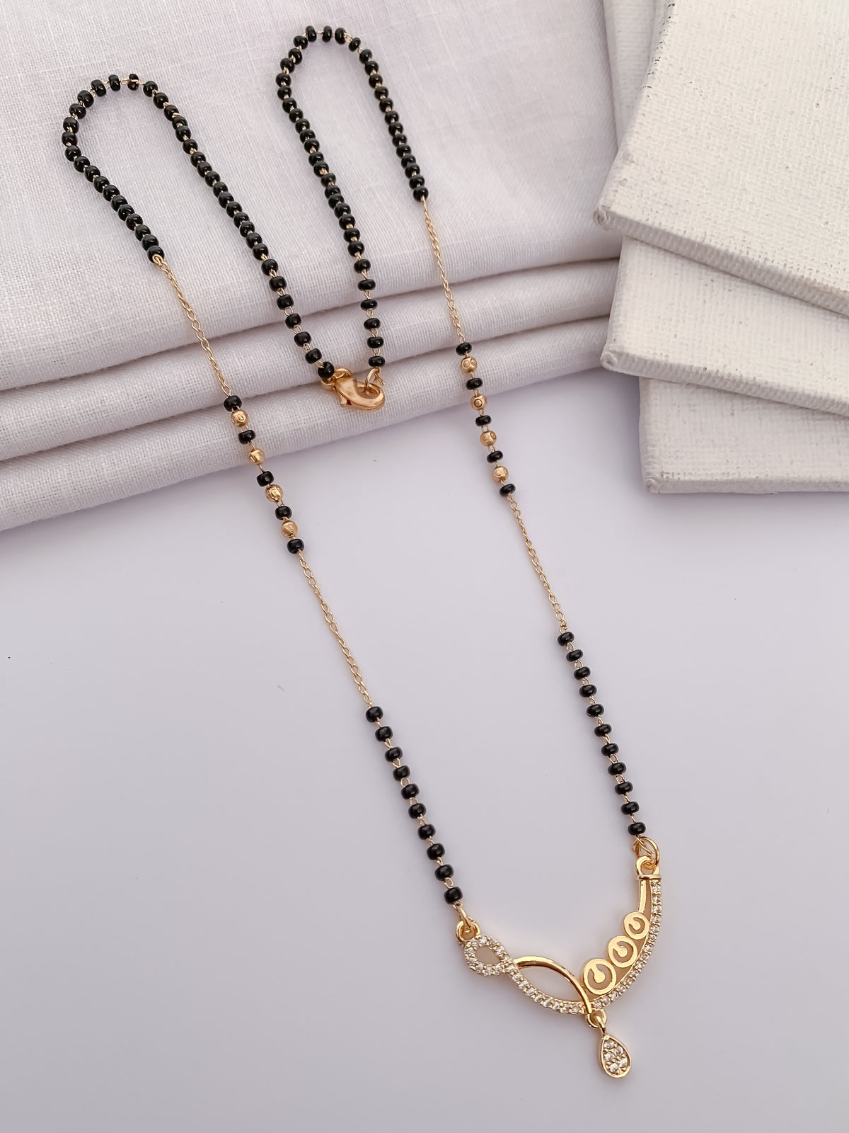 Infinity Curve Black Bead Mangalsutra with Teardrop Charm