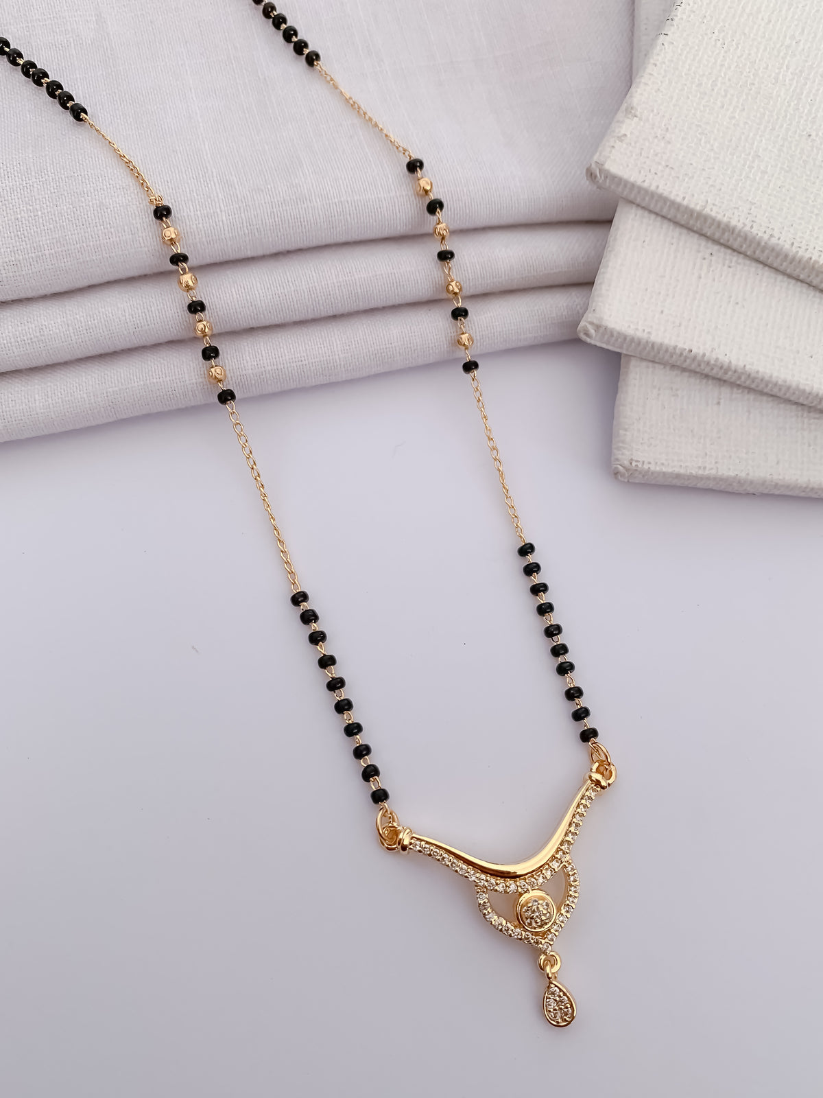 Curved Solitaire Black Bead Mangalsutra with Teardrop Charm