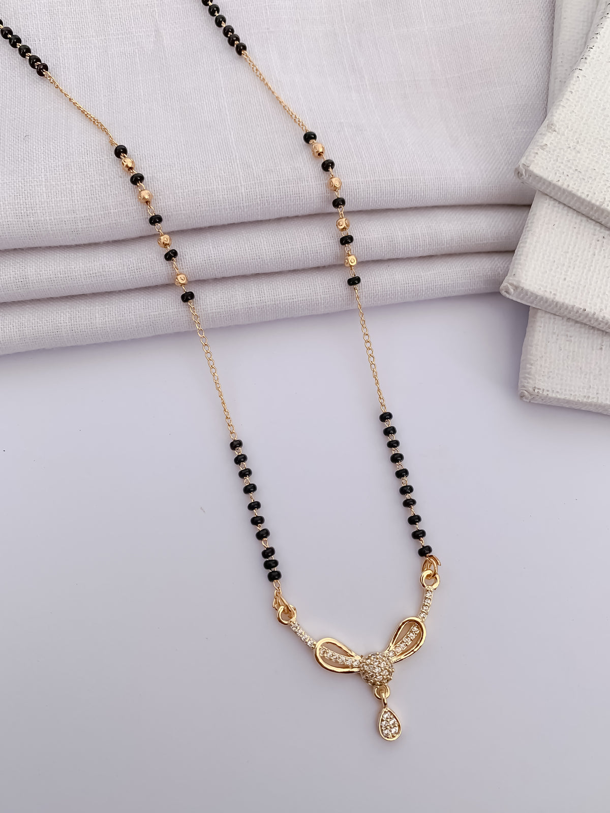 Bow Drop Black Bead Mangalsutra with Sparkle Pendant