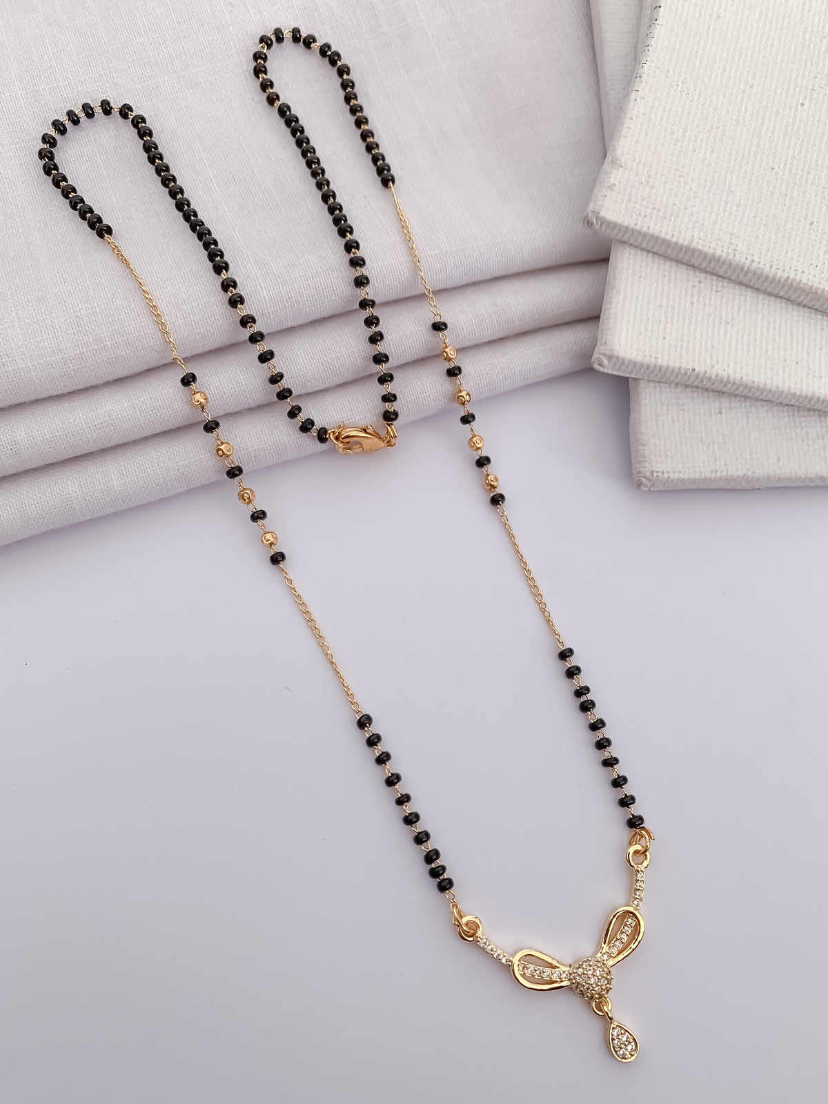 Bow Drop Black Bead Mangalsutra with Sparkle Pendant