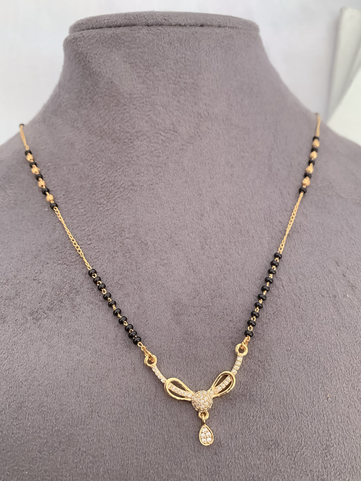 Bow Drop Black Bead Mangalsutra with Sparkle Pendant