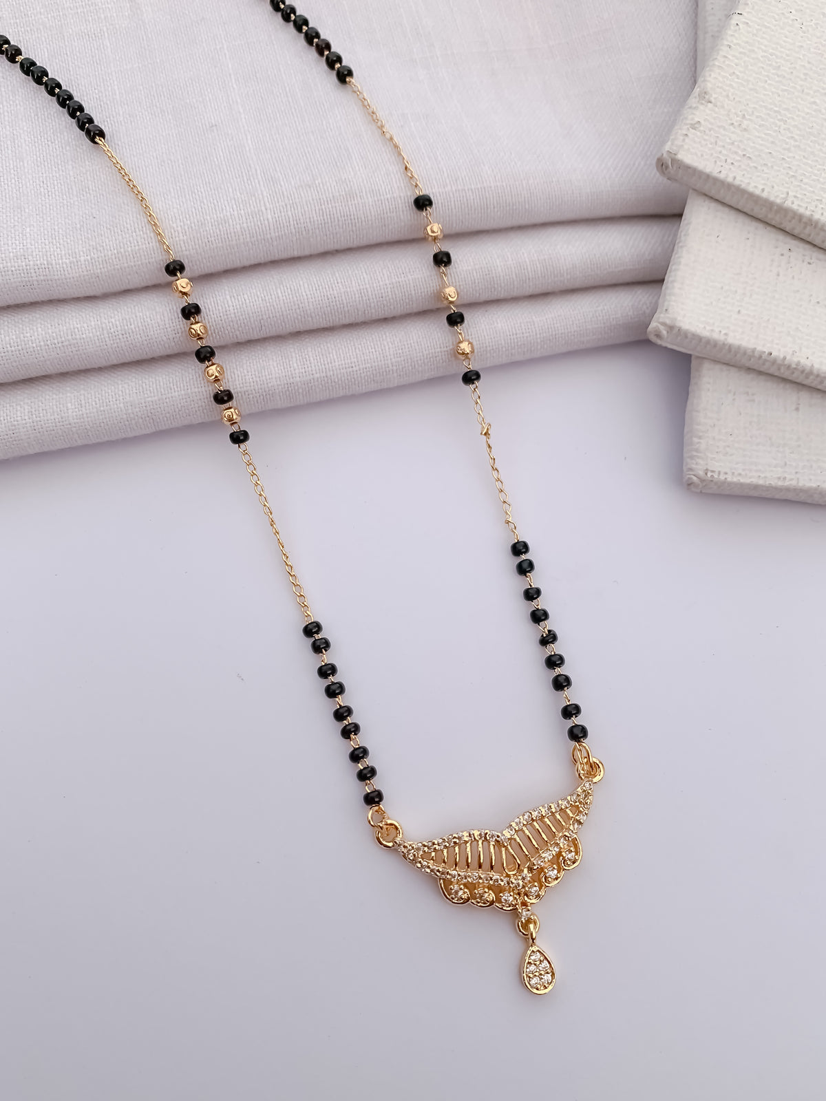 Crescent Ladder Black Bead Mangalsutra with Teardrop Charm