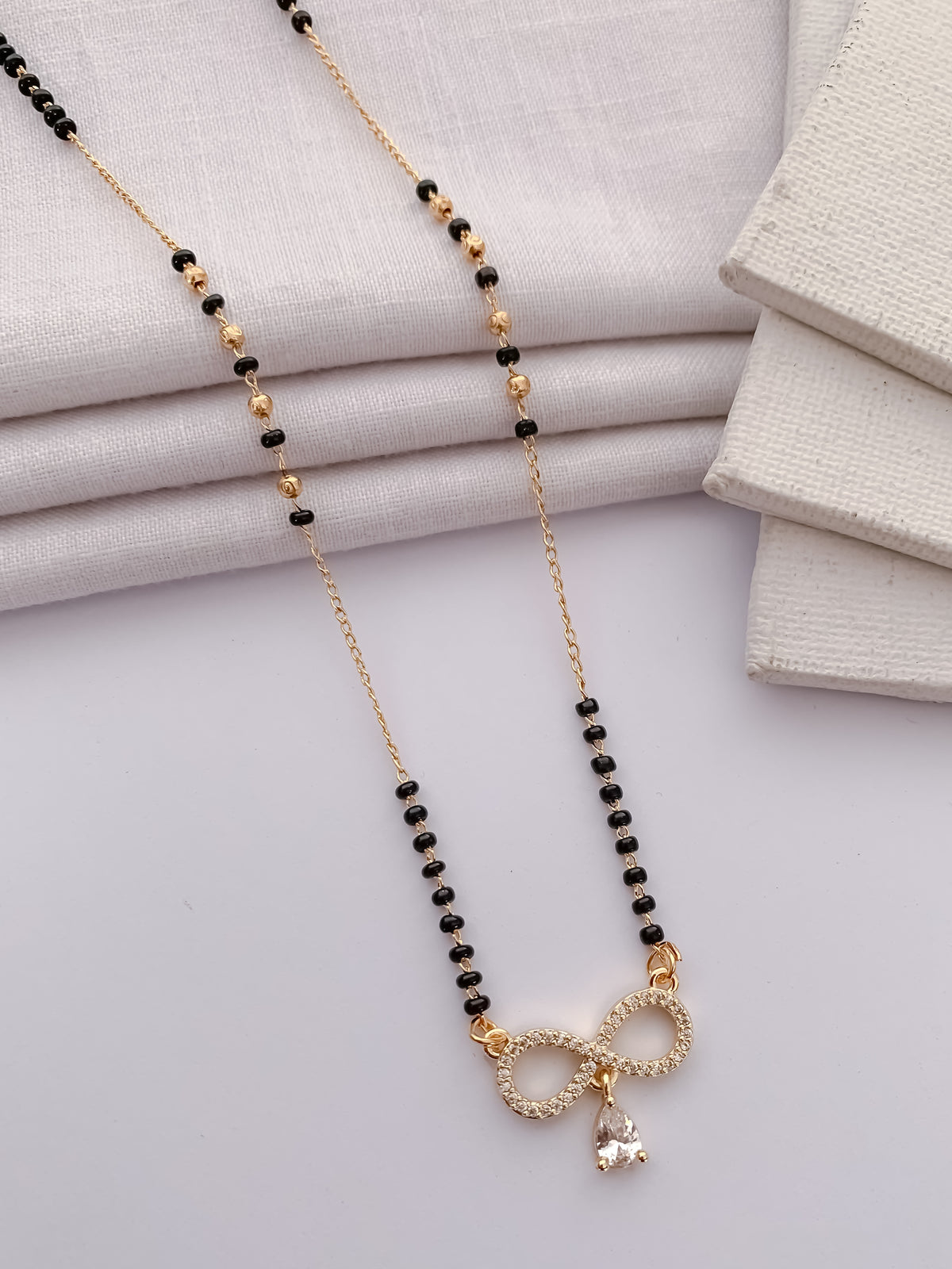 Infinity Drop Black Bead Mangalsutra with Teardrop Crystal Pendant