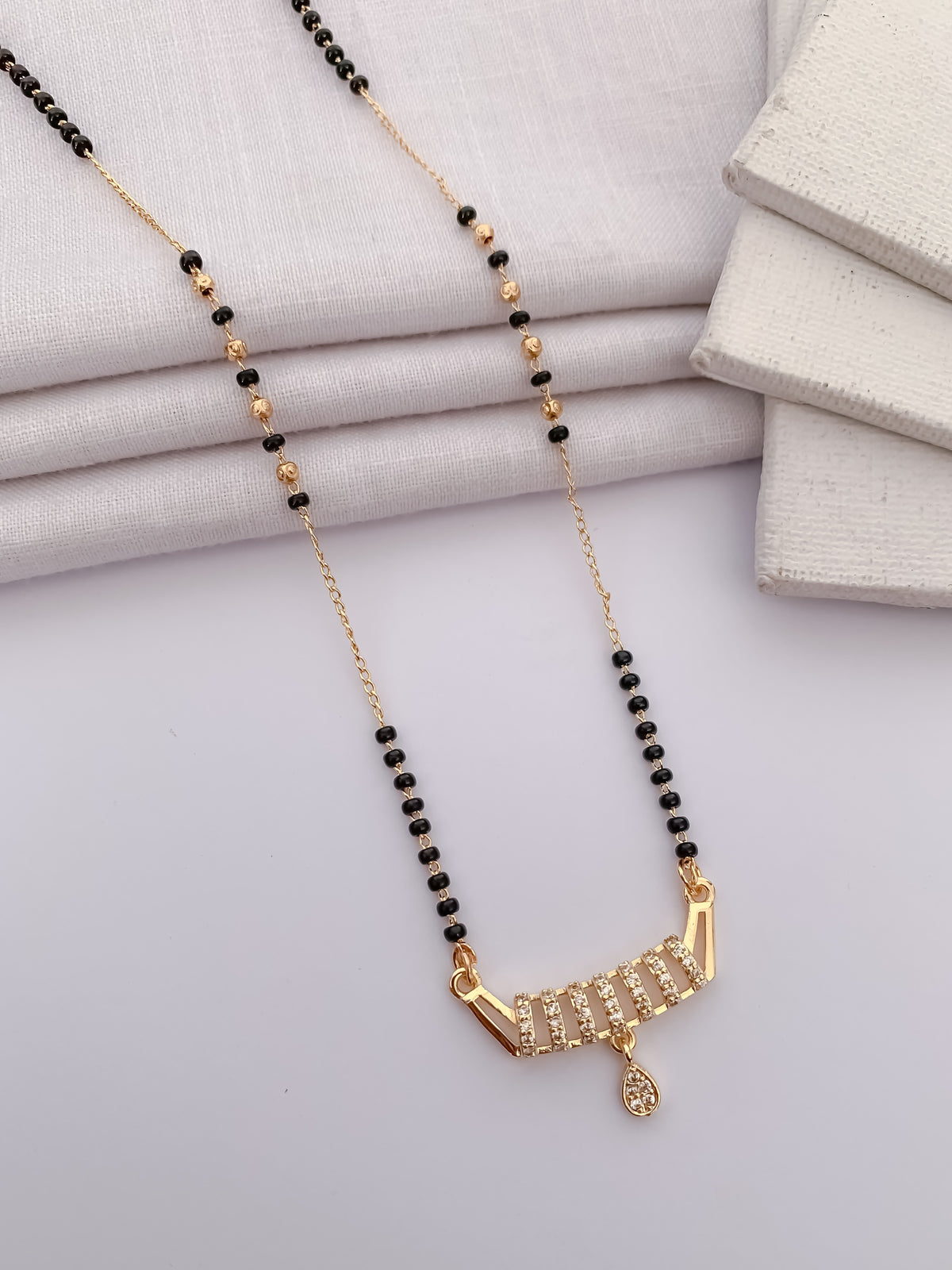 Ladder Curve Black Bead Mangalsutra with Teardrop Charm