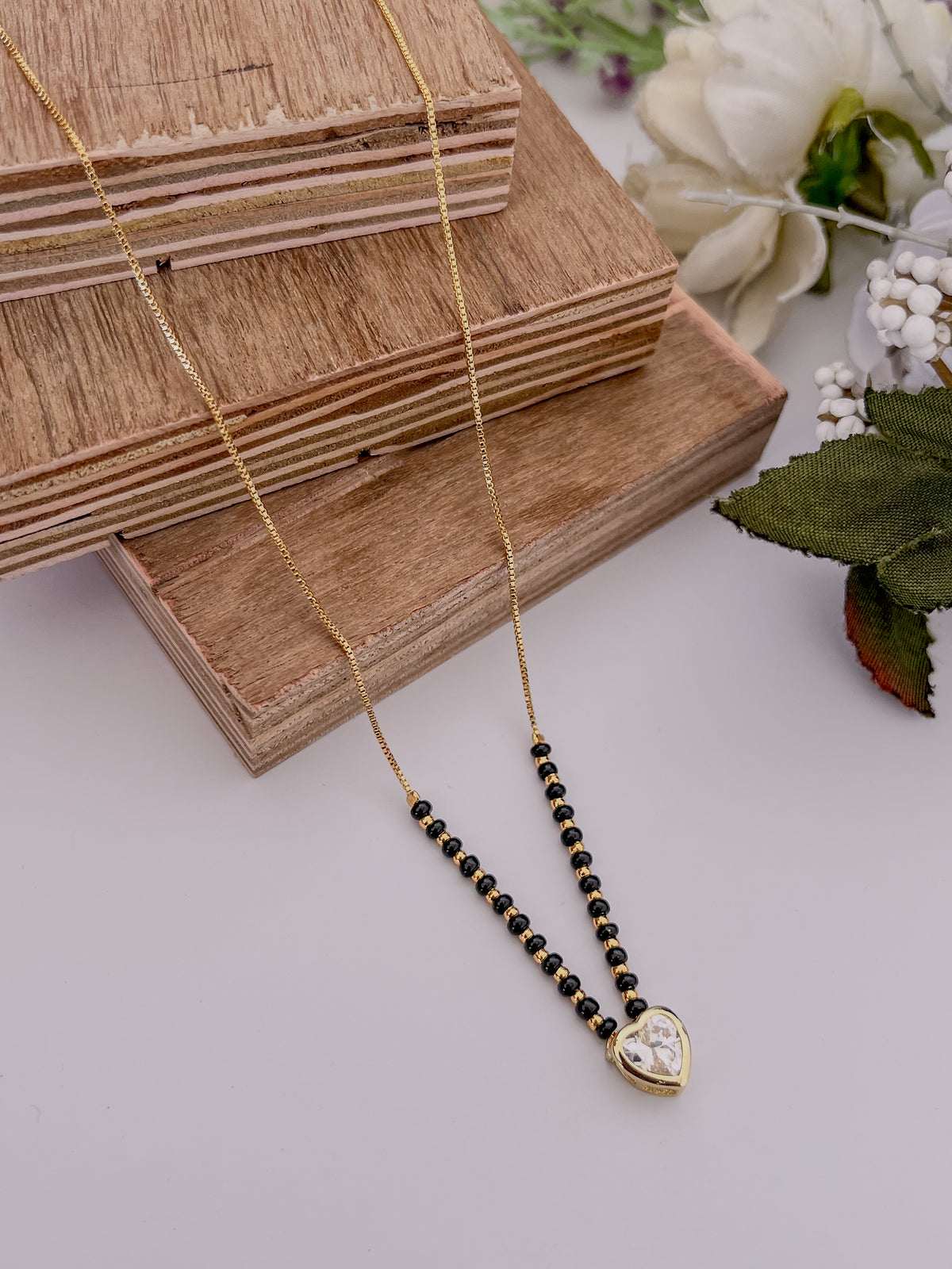 Heart Solitaire Black Bead Mangalsutra with Bold Beaded Chain