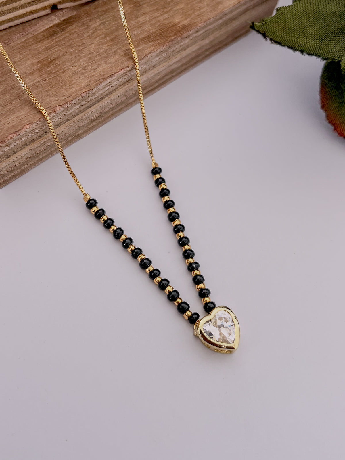 Heart Solitaire Black Bead Mangalsutra with Bold Beaded Chain