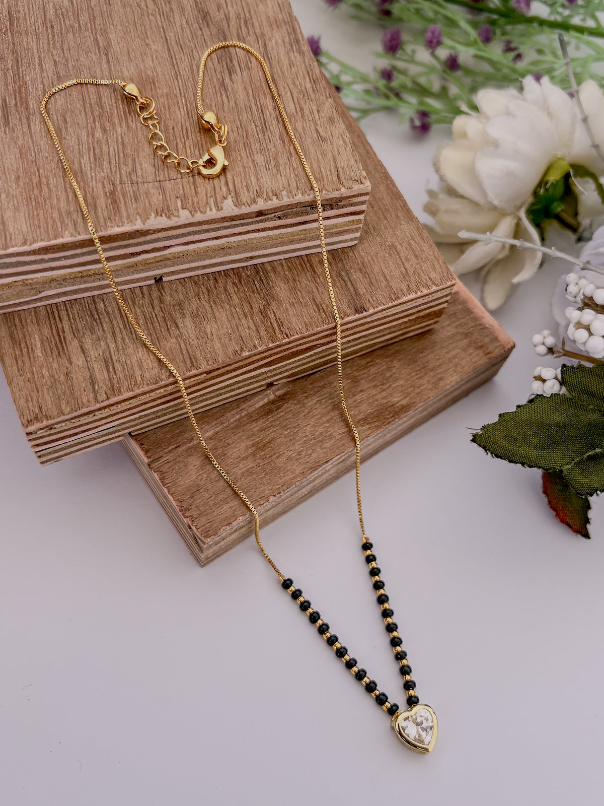 Heart Solitaire Black Bead Mangalsutra with Bold Beaded Chain