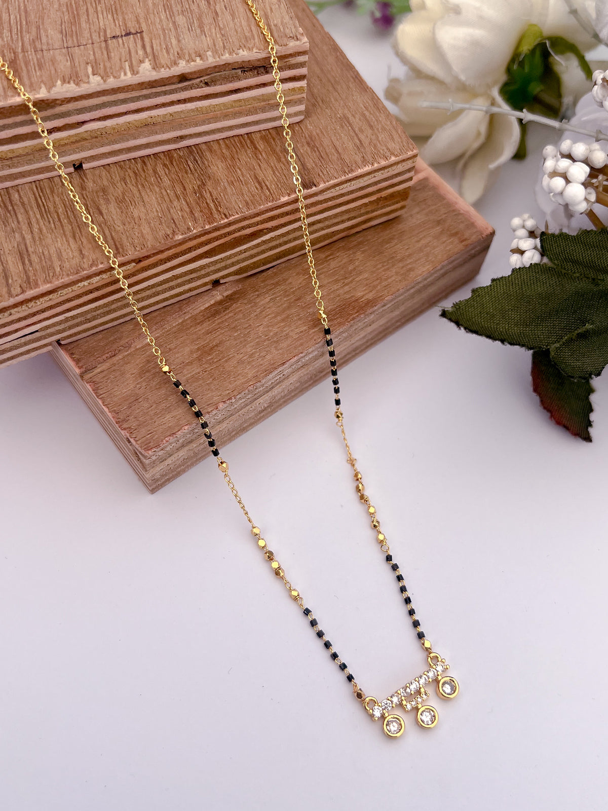 Triple Drop Black Bead Mangalsutra with Linear Sparkle Pendant