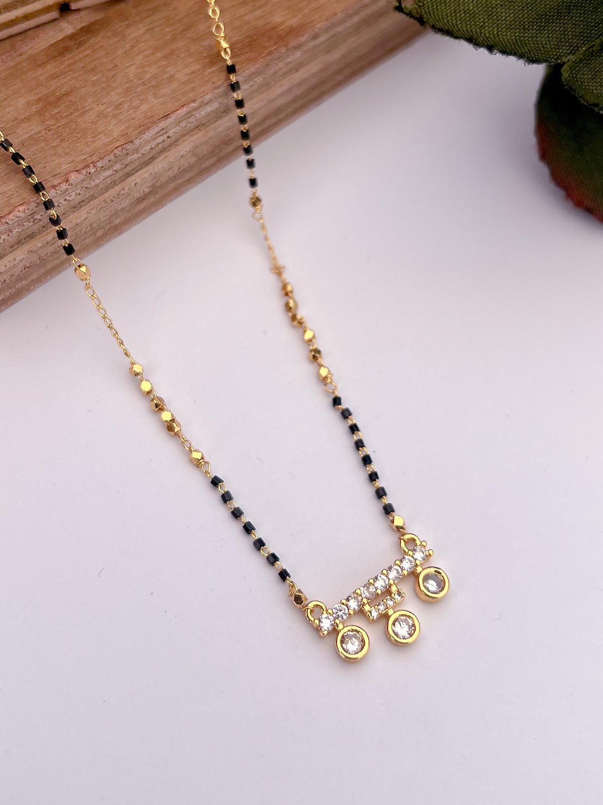 Triple Drop Black Bead Mangalsutra with Linear Sparkle Pendant